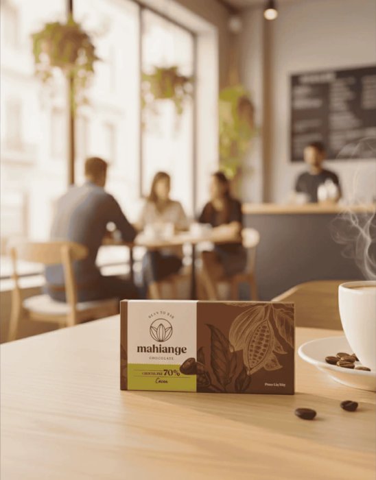 Barra de chocolate Mahiange 70% sobre mesa de madeira, com amêndoas de cacau e um café ao lado