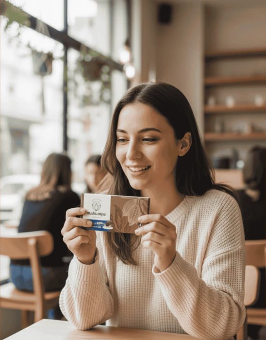 Cliente sorrindo ao experimentar um chocolate Mahiange em uma cafeteria